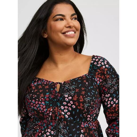Torrid Peplum Challis Sweetheart Top, Black Floral Long Sleeve Peasant Blouse 3x - Picture 2 of 13